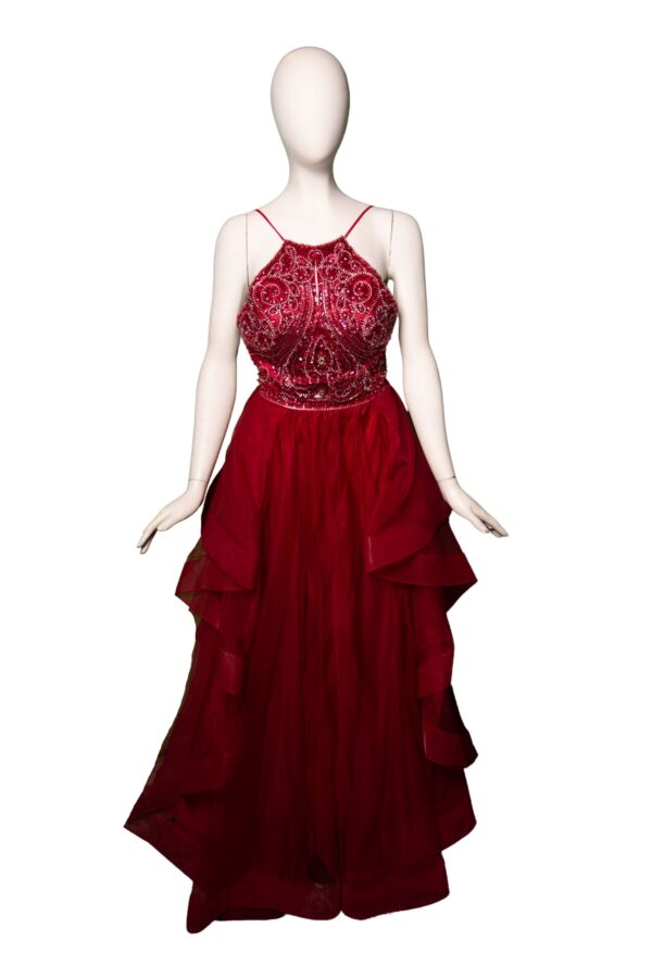 Two-piece burgundy dress on mannequin