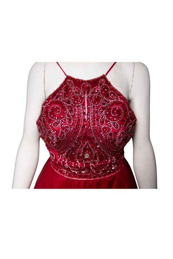 closeup of burgundy dress