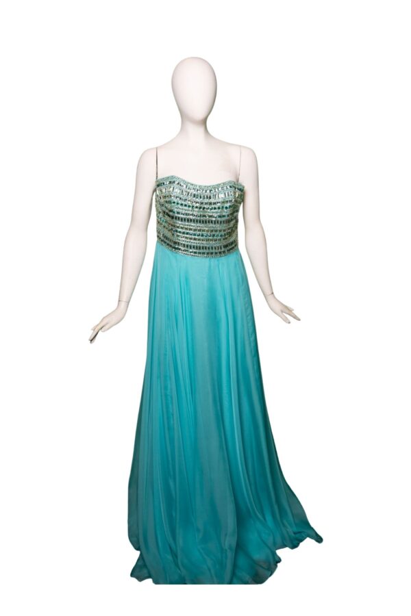 strapless turquoise dress on mannequin