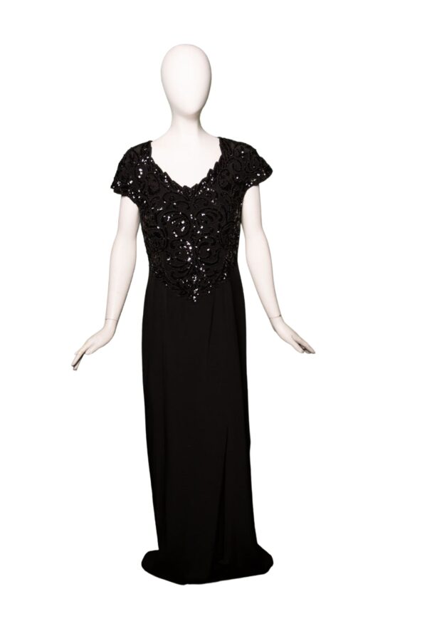 black beaded dress on mannequin