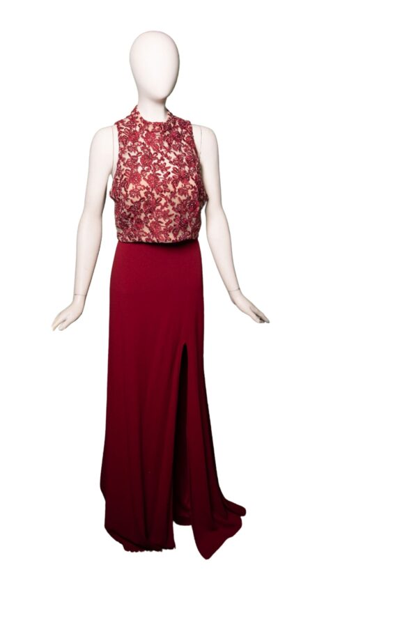Two-piece wine dress on mannequin