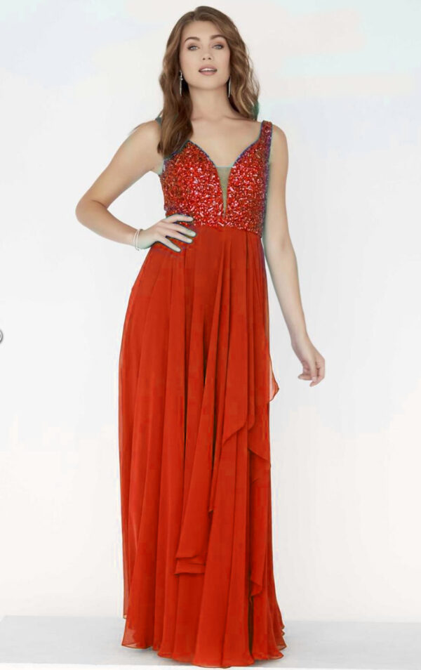 red chiffon dress on model