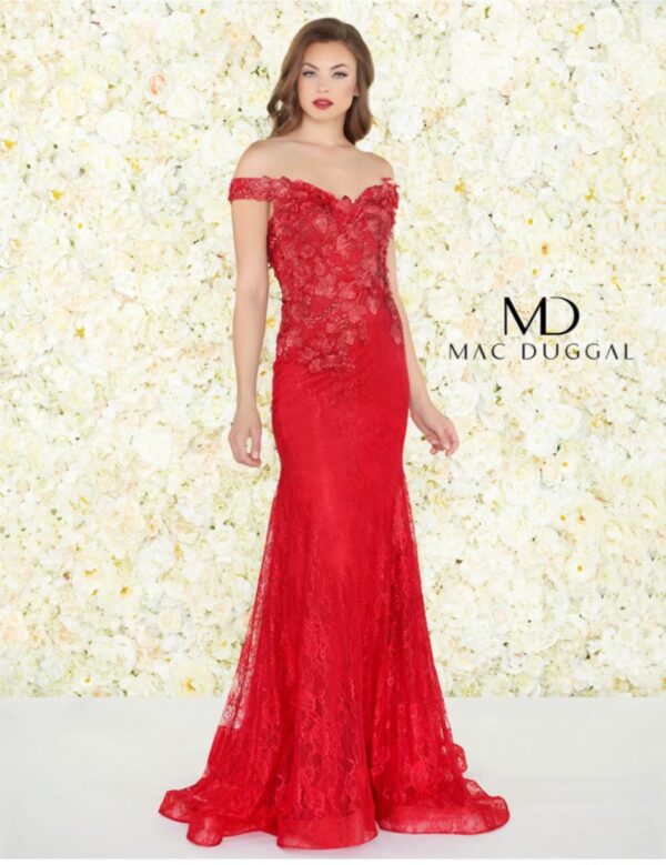red lacy gown on model