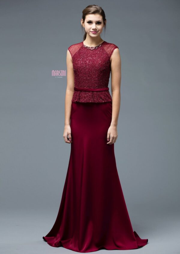 burgundy gown on model