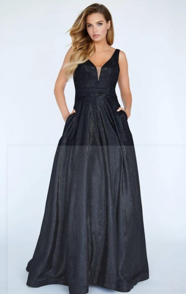 shimmery black dress on model