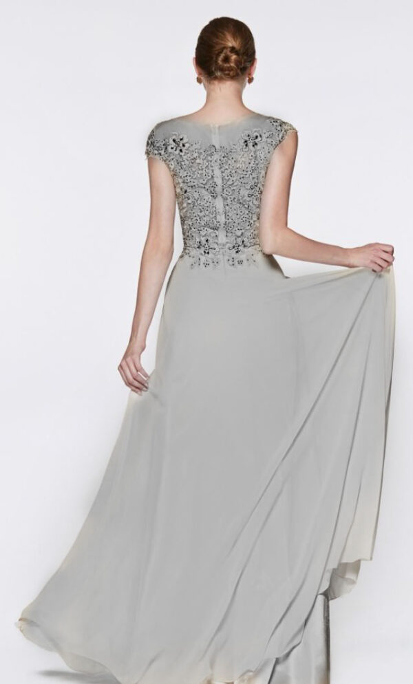 back of silver dress on model