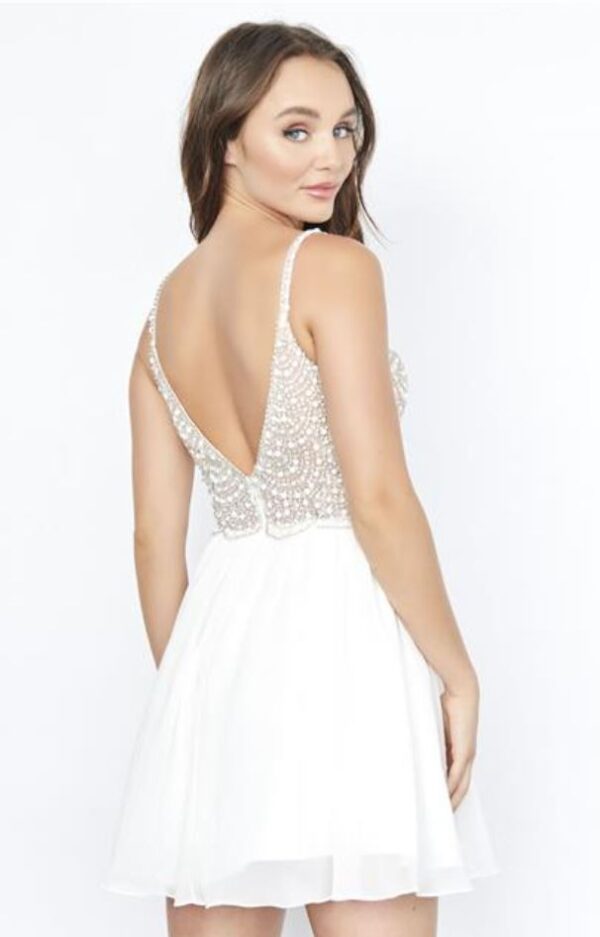 back of white beaded dress