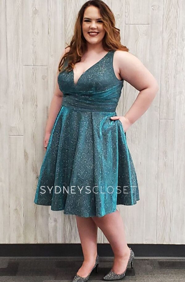 plus-size teal dress on model