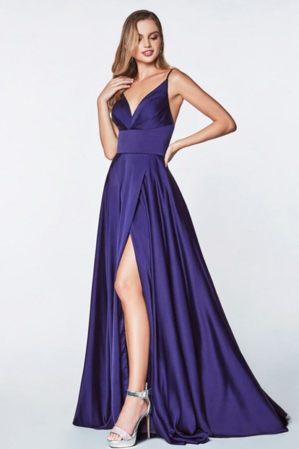 purple satin gown on model
