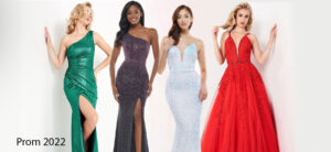 Four women model prom dresses