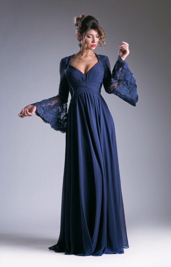 navy gown with bell sleeves