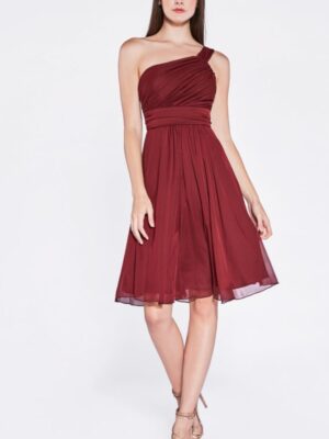 model wears one-shoulder red dress