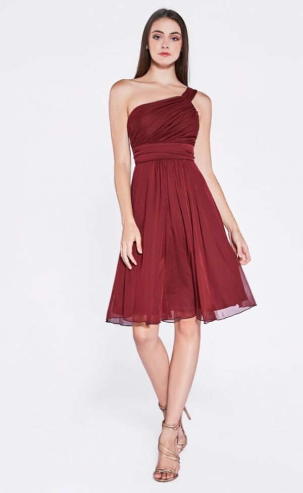 model wears one-shoulder red dress