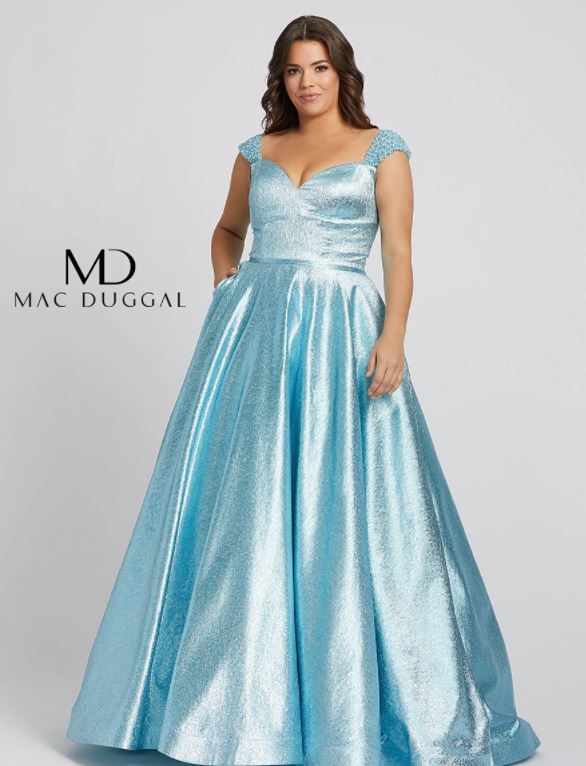 shimmery blue dress on model