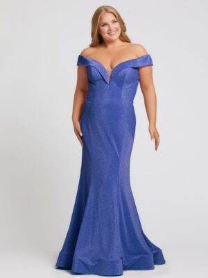 off-the-shoulder blue gown