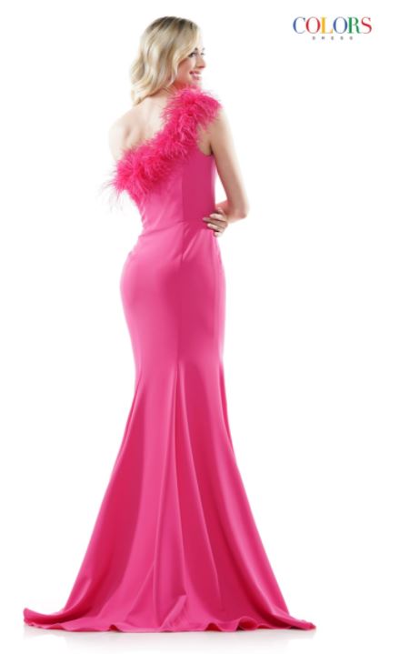back of hot pink feather dress