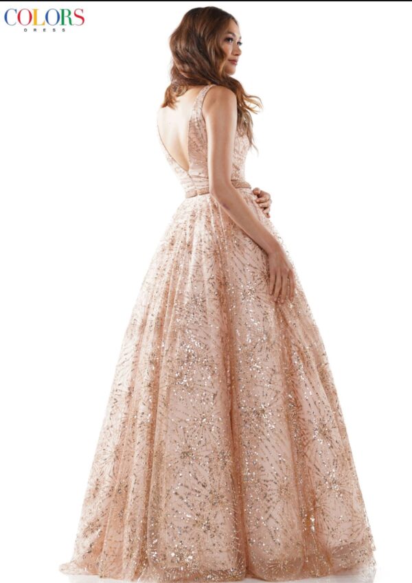 back of rose gold ballgown