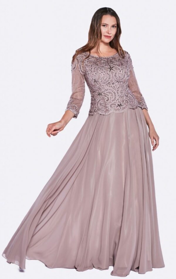 blush gown with long sleeves