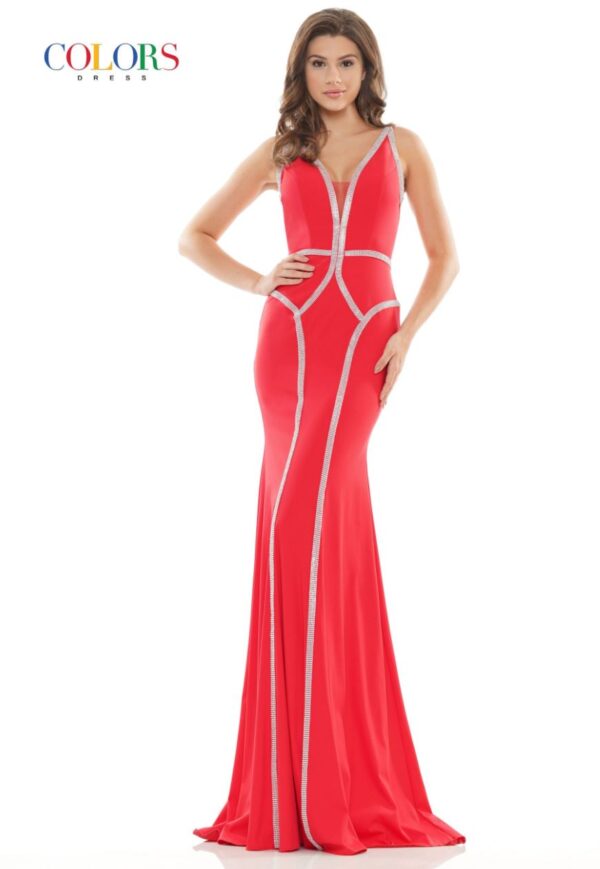 red gown with embellished lines