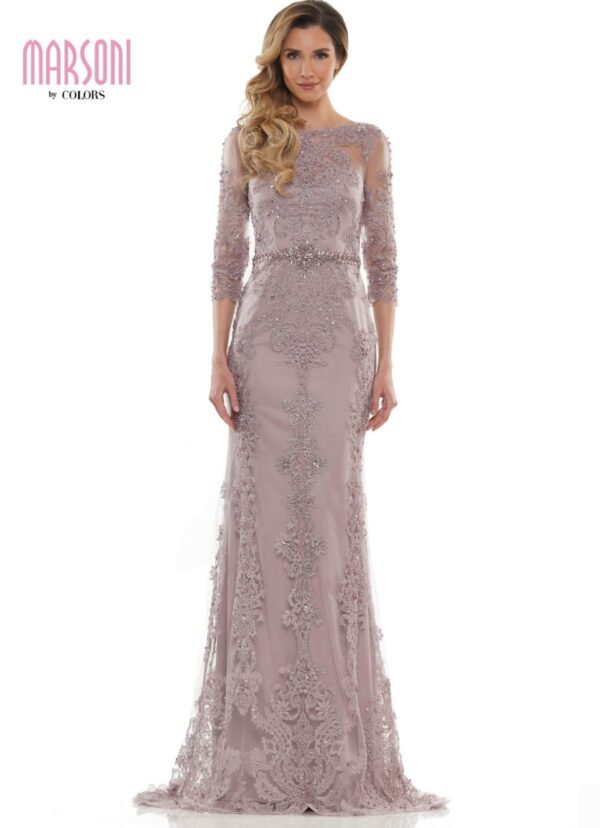 long sleeved gown in dusty rose