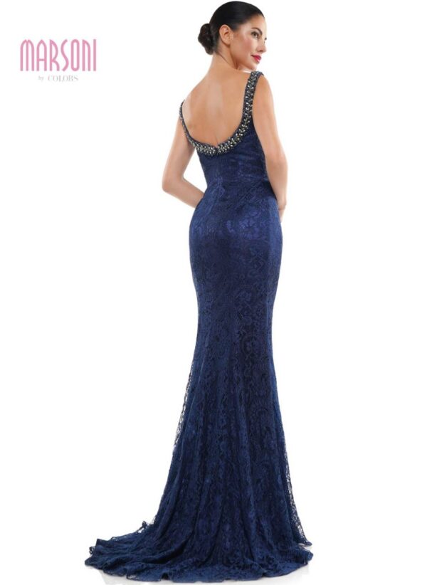 back of navy dress with jeweled back