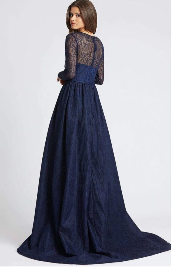 back of navy gown with overskirt