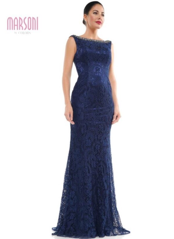navy fit and flare with jeweled neck