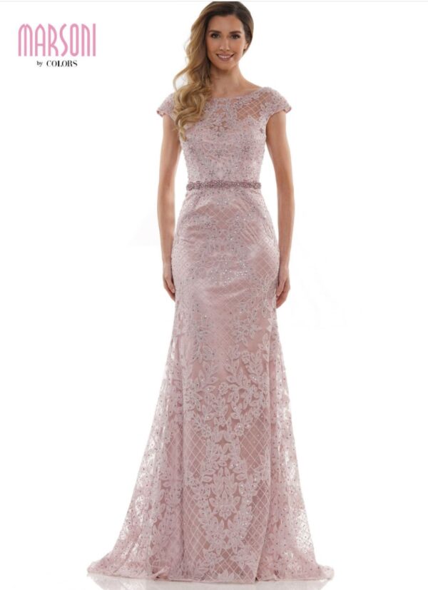 pink gown with cap sleeves