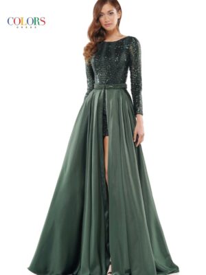 hunter green gown with short dress underneath