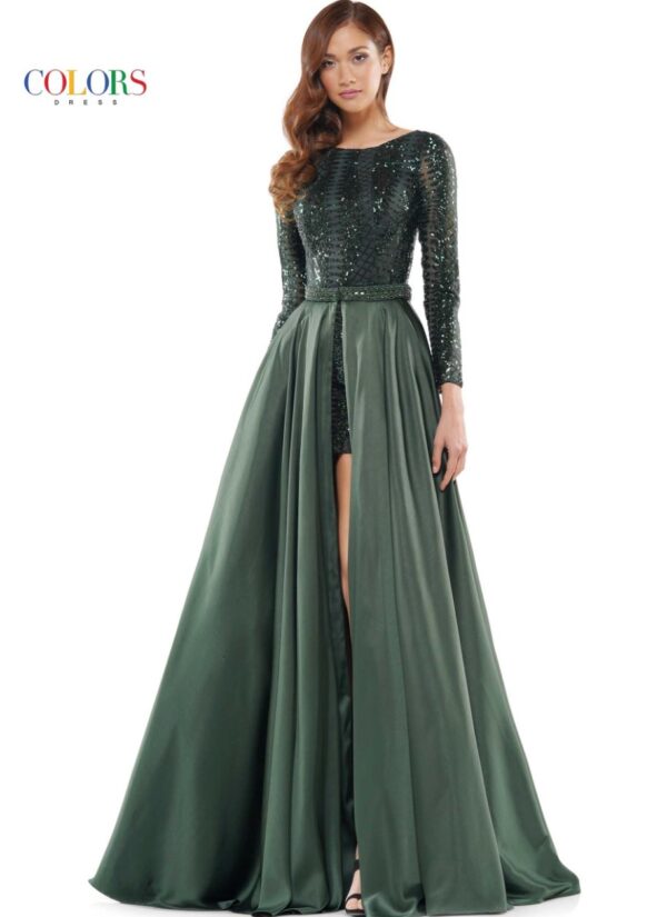 hunter green gown with short dress underneath