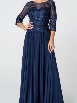 navy gown on model