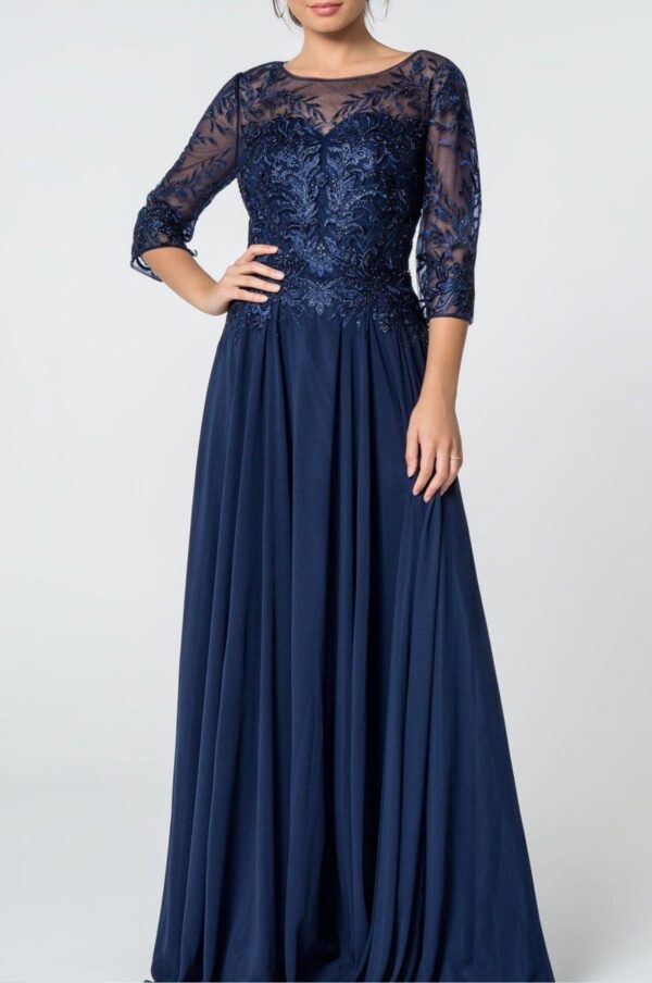 navy gown on model