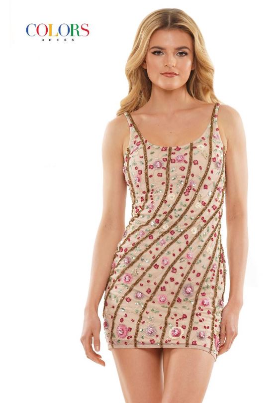 nude colored dress with floral design