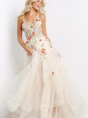 cream-colored gown with floral decor