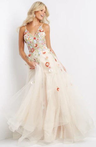 cream-colored gown with floral decor