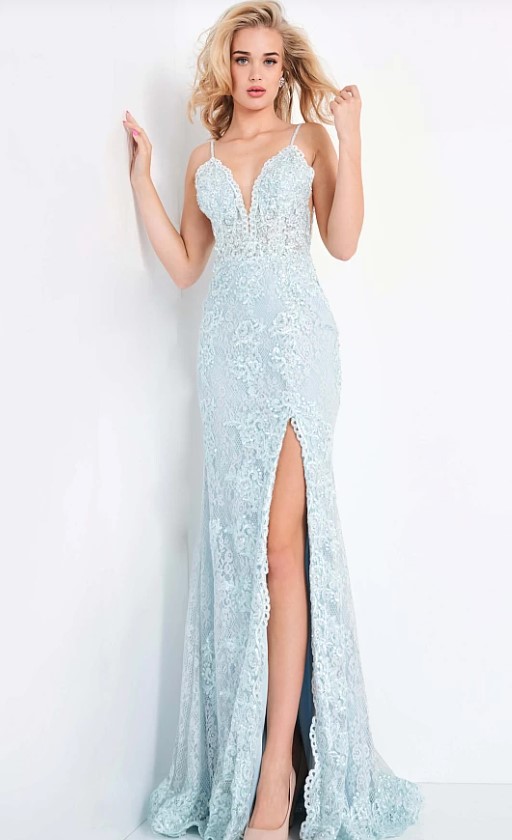 light blue gown with high slit