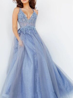glittery blue ballgown with sheer waist
