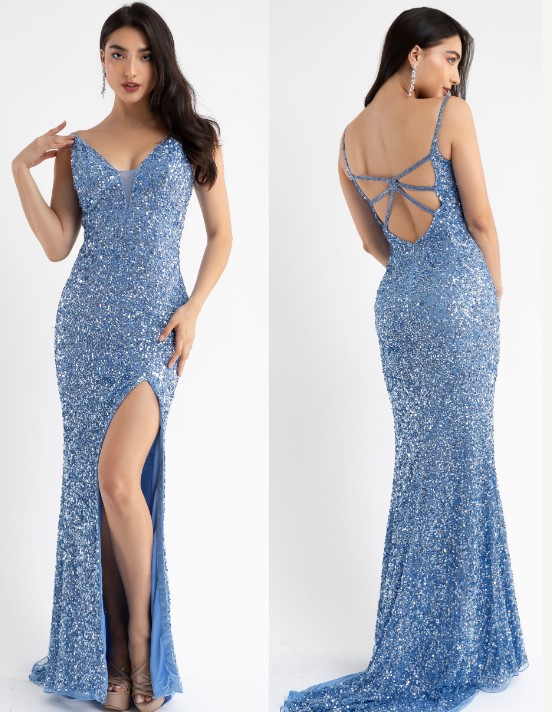 blue sequined gown with star-shaped back.