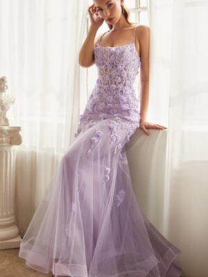 fitted lavender floral gown on model