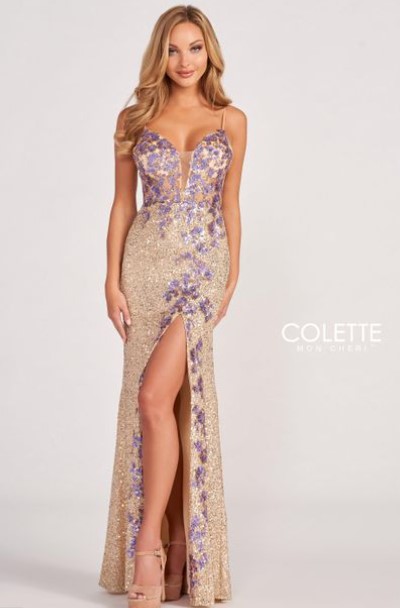 Gold and lilac sequined gown on model
