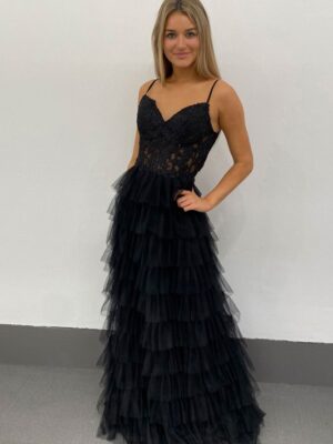 black prom dress with tulle skirt