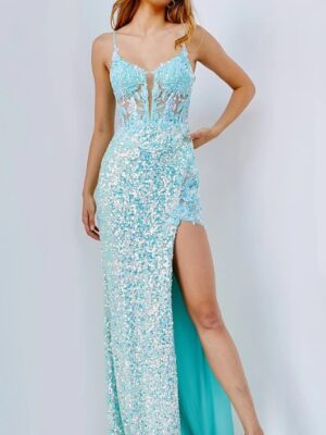 aqua gown with high slit