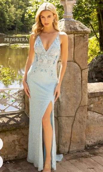 powder blue gown on model