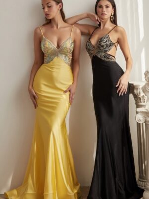 models wear black and yellow butterfly dresses