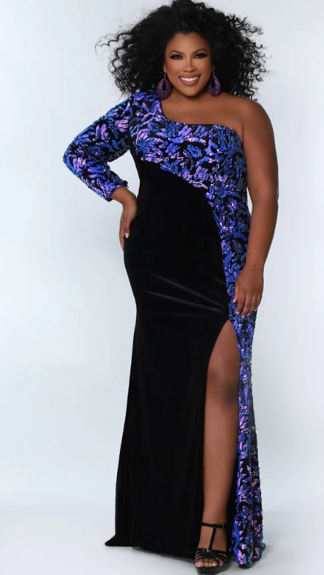 Violet and black one-sleeved gown