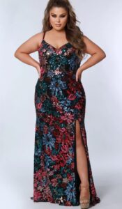 Multi color floral gown on plus size model