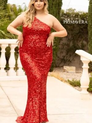 red one-shoulder gown on plus-size model