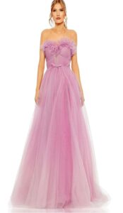 Strapless lilac gown on model