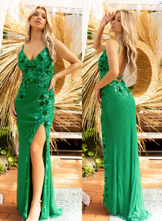 emerald green dress on model
