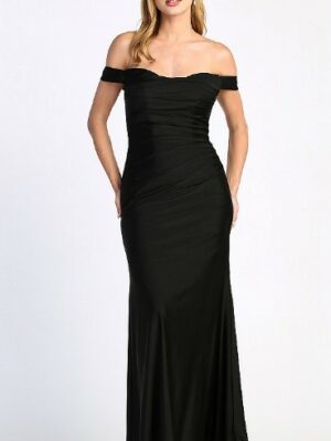 Model wears off-the-shoulder fitted black gown